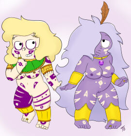 2018 2girls absurd_res amethyst_(steven_universe) artist_signature big_breasts blonde_hair body_paint breasts cartoon_network chubby chubby_female commission digital_media_(artwork) female gem_(species) jewelry jewelry_only light-skinned_female light_skin ms10 multiple_females multiple_girls necklace nipple_piercing nipples pierced_nipples piercing piercings purple_hair purple_skin ring sadie_miller shortstack simple_background steven_universe toe_ring tribal uncensored