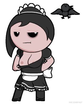 1girls 2015 2d areolae artist_name bird black_eyes black_hair breasts clothing dead_bird dress emo eve_(the_binding_of_isaac) female flashing flashing_breasts goth half-closed_eyes heels maid maid_headdress maid_uniform makeup mascara mecha417 nipples short_hair simple_background solo stockings the_binding_of_isaac unamused white_background x_eyes
