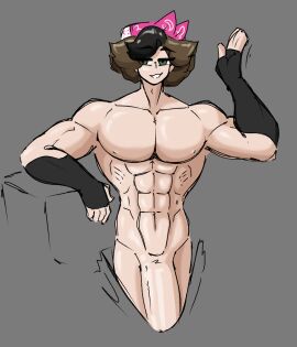 bandana big_penis brown_hair finley_(shewiff) genderswap green_eyes huge_cock light-skinned_male light_skin male muscular muscular_male partially_clothed penis rule_63 shewiff solo solo_focus two-tone_hair waving waving_hand