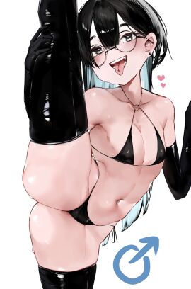 1boy absurd_res ass bare_shoulders belly belly_button bikini_bottom bikini_only bikini_top black_eyes black_hair blush bulge ear_piercing earrings femboy glasses gloves hi_res latex_stockings latex_thighhighs leg_up long_gloves male multicolored_eyes multicolored_hair navel original original_character small_penis splits stockings stomach string_bikini teeth thighhighs tongue tongue_out tongue_piercing two-tone_hair udonya613 white_eyes white_hair
