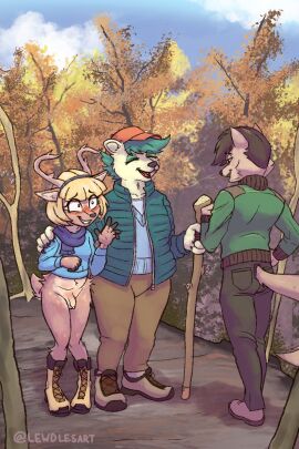 anthro autumn bear blonde_hair blush bottomless bottomwear brown_body brown_fur brown_hair claws clothed clothing cloud crown deer detailed_background digitigrade embarrassed exhibitionism eyebrow_through_hair eyebrows finger_claws fur furgonomic_bottomwear furgonomics futanari genitals green_hair hair hat headgear headwear hi_res hiking hiking_boots humanoid_genitalia humanoid_penis intersex kello_(lewdles) lewdles mammal navel nonbinary penis plant plantigrade polar_bear public public_exposure scarf scut_tail short_tail shy sky tail tiara transfem translucent translucent_hair tree ursine walking_stick