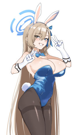 animal_ears asuna_(blue_archive) asymmetrical_bangs blonde_hair blue_archive blue_bow blue_bowtie blue_eyes blue_leotard blush bow bowtie breasts bunny_ears bunnysuit detached_collar double_v fake_animal_ears fake_tail female fried_bocky gloves hair_over_one_eye halo highleg highleg_leotard highres large_breasts leotard light_brown_hair long_hair looking_at_viewer mole mole_on_breast official_alternate_costume pantyhose peace_sign playboy_bunny rabbit_ears rabbit_tail simple_background smile solo strapless strapless_leotard tail thighband_pantyhose traditional_bowtie v v_sign very_long_hair white_background white_gloves
