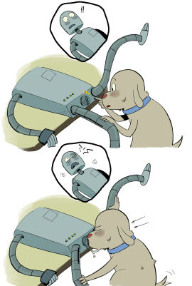 1boy 1cuntboy 4_fingers absurd_res absurdres anthro blue_collar clitoris cuntboy dog hi_res highres intersex licking_pussy lying_on_table male pussy red_nose robot robot_dreams simple_background table tagme vaginal white_background