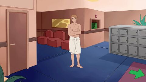 animated discreenvision embarrassed game_cg hairy inusen male milf_boom penis towel_only