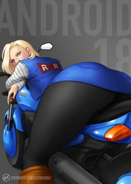 1girls android_18 artist_name ass big_ass_(female) black_pantyhose blonde_hair blue_eyes boots breasts character_name commentary denim denim_clothing dragon_ball dragon_ball_z earrings female grey_background highres huge_ass_(female) jacket jewelry long_sleeves looking_at_viewer looking_back medium_breasts miniskirt motor_vehicle motorcycle on_motorcycle open_clothes pantyhose red_ribbon_army short_hair simple_background skirt solo suddakka tight_pants undersized_clothing
