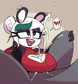 anthro boobjob breasts chinese_clothes cleavage cum cum_between_breasts cumshot female female_focus happy heart heart-shaped_pupils male nelljoestar open_mouth original original_character paizuri panda prostitution siu_lin_(nelljoestar)