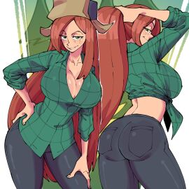 1girls ass big_breasts breasts cloudiel disney disney_channel disney_xd female freckles gravity_falls green_eyes huge_ass huge_breasts orange_hair sideboob smile solo_female trees wendy_corduroy