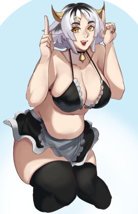 1girls belly belly_overhang black_hair bra breasts choker chubby cleavage collar cow_girl cowbell female gradient_background gradient_hair grey_hair horns maid maid_outfit maid_skirt maid_uniform midriff milkmaid_(profession) plump pointing_up puzzled_artist silver_hair skindentation skirt smile solo solo_female thighhighs two-tone_hair yellow_eyes