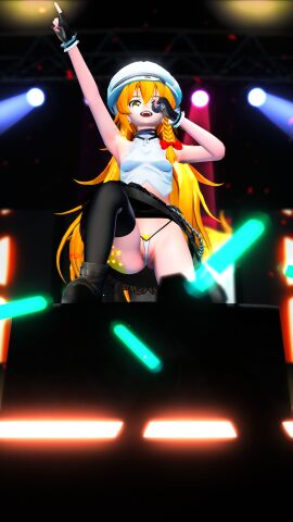 3d 3d_(artwork) alternate_version_at_source alternate_version_available armpits arms_up asawa barely_clothed barely_contained barely_covered blonde_hair braid braided_hair braided_ponytail exhibitionism female fingerless_gloves from_below gloves glowstick low-angle_view marisa_kirisame microphone mikumikudance mmd panties performance podium pubic_hair pubic_hair_peek public public_exposure showing_off singing skimpy skimpy_panties skirt string_panties touhou underwear upskirt yellow_eyes