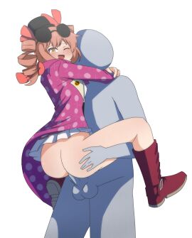 1girls 2d absurdres ass boots brown_footwear commission dress drill_hair eyewear_on_head faceless faceless_male female held_up highres hug jo'on_yorigami lifting_person male non-web_source orange_hair penis purple_dress sex smile spread_legs standing standing_sex touhou twin_drills upright_straddle yorigami_jo'on zukafu_shimoto