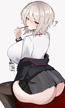 ass blue_eyes faust_(limbus_company) female female_focus female_only genius id_card jacket_partially_removed light-skinned_female light_skin limbus_company looking_at_viewer looking_back m_ayonessa pocky pocky_in_mouth project_moon question_mark short_hair short_skirt simple_background skirt stockings white_hair white_shirt