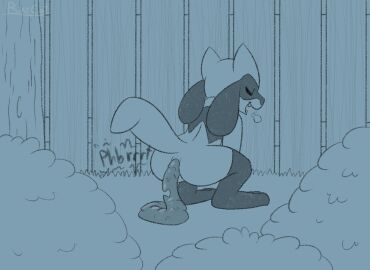 ambiguous_gender ambiguous_pooping anthro anus ass breath closed_eyes crouching enjoying_the_go feces feces_on_ground feces_pile fence fences fur generation_4_pokemon grass hi_res monochrome nintendo open_mouth outside plant pokemon pokemon_(species) pooping_on_floor raised_tail riolu ritzcat scat scatplay shrub solo sound_effects tail teeth text tree wood wood_fence