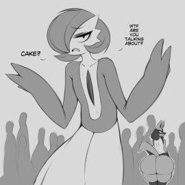1boy 1girls ass big_ass character_in_background dialogue english_text female gardevoir generation_3_pokemon generation_4_pokemon grey_background greyscale hi_res looking_at_viewer lucario male male_gardevoir nintendo pokemon pokemon_(species) saltyxodium talking_to_viewer