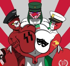 3girls angry angry_expression big_boobs big_breasts big_tits boobs boobs_bigger_than_head boobs_out breasts breasts_bigger_than_head breasts_out countryhumans countryhumans_girl ech0chamber fascism fascist_italy_(countryhumans) female female_only flag_background green_body green_skin iron_cross japanese_empire_(countryhumans) massive_boobs massive_breasts massive_tits military_hat multiple_females multiple_girls naked navy_hat nazi nazi_germany_(countryhumans) red_background red_body red_breasts red_skin tits tits_bigger_than_head tits_out white_body white_breasts