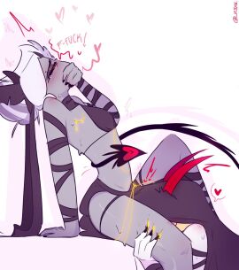 angel arm_wraps bleeding blonde_hair blush charlie_morningstar_(hazbin_hotel) claws covering_mouth demon eating_pussy female grey_body grey_clothing hazbin_hotel heart_shaped_tail heart_symbol horns jewelry lesbian_sex n3n6 onomatopoeia partially_clothed profanity pussy simple_background skimpy_clothes swearing tail under_skirt vaggie_(hazbin_hotel) white_body yuri