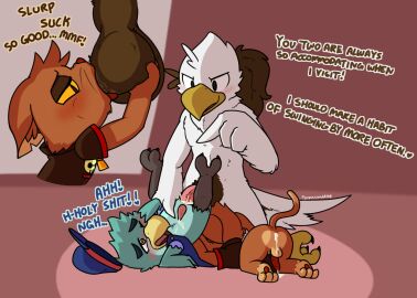 3_fingers 4_fingers all_fours anal anthro ass avian balls balls_lick balls_suck balls_worship beak bird blue_body blue_feathers blush bodily_fluids bottomless bridge_position brown_body brown_feathers brown_fur clothed clothing comic countershading cum cum_in_ass cum_inside dialogue domestic_cat feathers feet felid feline felis ferrissimulator fingers from_front_position fur genital_fluids genitals gesture group group_sex half-closed_eyes hand_gesture hat haywood headgear headwear heart_eyes heart_symbol interspecies jacket jacket_only jaques_(kazoko) joey_the_delivery_bird licking looking_pleasured lying male male/male mammal mmm_threesome narrowed_eyes nude on_back one_eye_closed oral pawpads paws penis pointing profanity saliva sex size_difference sucking talons tan_body tan_fur tapering_penis threesome toes tongue topwear trio whiskers white_body white_feathers wings yaoi yellow_beak yellow_eyes