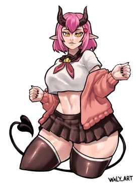 big_ass big_breasts big_thighs breasts clothing demon ear female horn massive_thighs pink_hair socks tail thighs waly_xox white_background white_skin