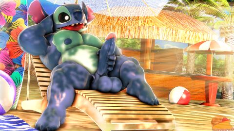 3d 3d_model 4_fingers balls beach beach_ball boner cgi himbo_stitch lilo_and_stitch lounge_chair lounging male male_only masturbation moonwulf penis pre-cum pre-cumming precum rubbing_penis sitting sitting_on_chair solo solo_male stitch tongue tongue_out