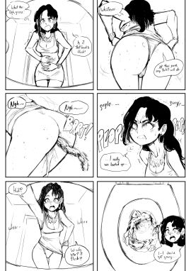 1girls 6koma ass big_ass big_breasts biku black_and_white black_hair bracelet breasts chloe_(biku) cleavage clenched_teeth clogged_toilet comic desperate dirty_toilet disgust disgusted disgusted_expression dress dress_lift earrings english_text female grossed_out holding_belly holding_stomach necklace need_to_poop onomatopoeia open_mouth original panties panty_pull peeing peeing_into_toilet pissing pooping pooping_in_toilet scat shitting speech_bubble string_panties toilet toilet_use white_panties wristwatch