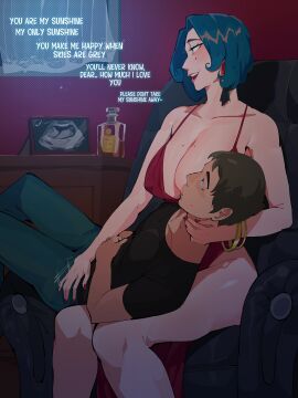 ageplay babyplay bangle bangles big_breasts blue_hair breast_sucking breasts cleavage clothed crotch_rub dark-skinned_male dark_skin davina_(diforland) depravecity_(diforland) depressing diforland dress english_text female interracial juxtaposition lap_pillow large_breasts light-skinned_female light_skin male mammogram mind_broken miscarriage mole mole_on_breast mole_under_eye multiple_moles one_breast_out original red_dress red_nails singing sitting straight sweet text traumatized when_you_see_it