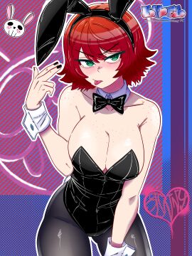 1girls bigmfbear black_nails blush breasts bunny_ears bunnysuit female freckles freckles_on_breasts freckles_on_face freckles_on_shoulders green_eyes kim_pine nail_polish red_hair scott_pilgrim short_hair short_red_hair solo solo_female tongue tongue_out