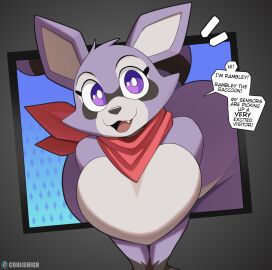 1girls 2024 2024s anthro big_breasts biped black_nose breasts cooliehigh crossgender cute_fangs dialogue english english_text fangs featureless_breasts female female_focus female_only fur furry furry_female gender_transformation genderbend genderbent genderswap genderswap_(mtf) hi_res indigo_park looking_at_viewer mtf_crossgender open_mouth open_smile procyonid purple_body purple_eyes purple_fur raccoon raccoon_ears raccoon_girl raccoon_tail rambley_raccoon red_scarf rule_63 scarf simple_background smile solo solo_female solo_focus speech_bubble subscribestar_username tail text tongue toony transformation two-tone_body two-tone_fur white_body white_fur