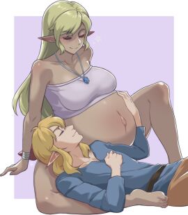 1boy 1girls artist_request blonde_hair breasts clothing female hylian hylian_ears large_breasts link male necklace nintendo pointy_ears pregnant pregnant_female ready_to_pop sitting tanned_skin tetra the_legend_of_zelda the_wind_waker tubetop voluptuous wholesome wholesome_pregnancy wind_waker