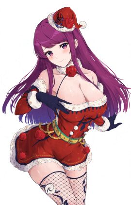 1girls alternate_costume bare_shoulders belt black_gloves blush box breasts christmas cleavage commentary_request commission cowboy_shot detached_sleeves dress female female_only fire_emblem fire_emblem_engage fishnet_thighhighs fishnets gift gift_box gloves halterneck hat head_tilt highres ivy_(fire_emblem) large_breasts long_hair mole mole_under_mouth nintendo purple_eyes purple_hair red_dress red_headwear santa_costume santa_hat short_dress skeb_commission sleeveless sleeveless_dress solo standing thighhighs thighs very_long_hair yellow_belt yuuri_(orz_commushows)