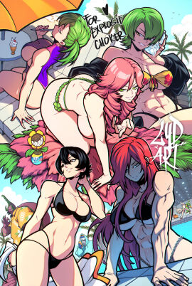6girls abs ass beach bikini black_hair breasts cleavage cleavage_cutout commission female green_eyes green_hair hi_res long_hair lydart_mclo multiple_females multiple_girls muscular muscular_female navel open_mouth original pink_hair purple_eyes red_hair short_hair sideboob signature swimming_pool swimsuit