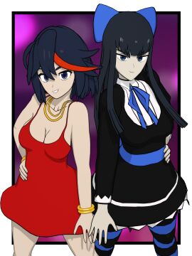 2girls 3d black_hair blue_eyes breasts busty cleavage female female_only hairbow kill_la_kill kiryuuin_satsuki light-skinned_female light_skin matoi_ryuuko multiple_females multiple_girls panty_&_stocking_with_garterbelt panty_anarchy_(cosplay) red_dress red_streak sisters snoopsnsfw stocking_anarchy_(cosplay)
