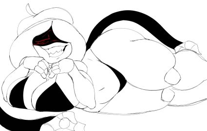 2024 2d_(artwork) ahoge appendages ass belly_button big_ass big_breasts big_hips bikini black_bikini breasts coilette_(minusbrush) digital_drawing_(artwork) drone extended_arms fan_character female female_only hands_on_leg headband joints line_art long-haired_female murder_drones one_eye_covered pegaka_(artist) red_eyes robot_girl robot_joints sharp_teeth swimsuit