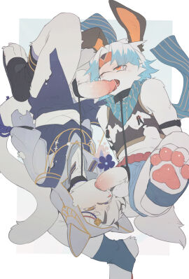 4_toes 69_position accessory balls blue_highlights bodily_fluids claws clothing clothing_aside cock_ring collar domestic_cat duo feet felid feline felis fellatio foot_focus furgonomic_headwear furgonomic_hood furgonomics gaiters genitals hair headband heterochromia hi_res highlights_(coloring) humanoid_genitalia humanoid_penis jewelry juo1 kerchief lagomorph leash leashed_collar leporid looking_aside looking_at_genitalia looking_at_penis lying male male/male mammal mutual_fellatio narrowed_eyes neckerchief nipple_clamp on_side open_mouth oral orange_inner_ear pawpads penile penis penis_accessory penis_jewelry rabbit red_pawpads sex tears teeth toe_claws toes toothy_fellatio torn_tank_top underwear underwear_aside white_body white_hair