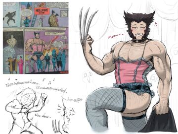 2boys ass baimonbluewhale blush brown_hair bulge claws corset crossdressing deadpool erection_under_clothes fishnets gay hairy large_pectorals male male_only marvel marvel_comics muscular muscular_male pectorals short_hair smile thick_thighs thighhighs wolverine_(x-men) x-men yaoi