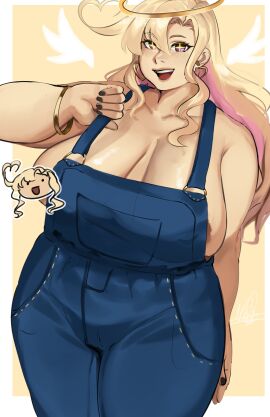 1girls ahoge angel angel_wings angie_(puzzled_artist) areola_slip areolae artist_signature blonde_hair blush bracelet breasts censored censored_nipples chibi cleavage denim earrings female halo heart-shaped_earrings large_breasts original original_character overalls overalls_only purple_eyes puzzled_artist signature smile solo solo_female strap_pull symbol-shaped_pupils two-tone_hair
