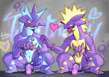 accessory amped_toxtricity anal anal_masturbation anthro athletic athletic_male breath cock_ring crouching dildo dildo_sitting duo eye_contact generation_8_pokemon heart_symbol hi_res hidoritoyama holding_shoulder jewelry looking_at_another looking_at_partner low_key_toxtricity male masturbation nintendo panting penetration penis penis_accessory penis_jewelry pokemon pokemon_(species) sex_toy tongue tongue_out toxtricity