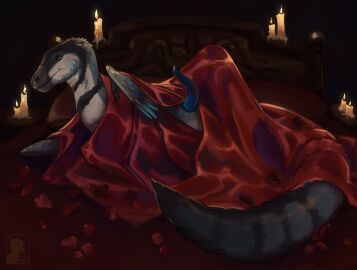 absurd_res animal_genitalia aurath bed blue_body blue_feathers candle dinosaur dromaeosaurid erganyfox feathered_dinosaur feathered_raptor feathered_scalie feathers feral furniture genitals grey_body grey_feathers hi_res male penis petals prehistoric_species presenting presenting_penis reptile romantic rose_petals scalie solo tapering_penis theropod under_covers