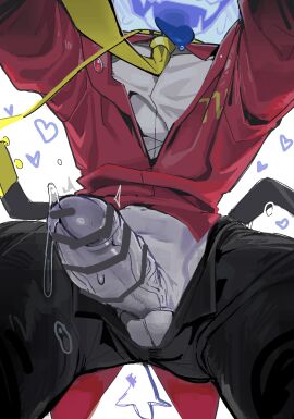 1boy asd1565326 balls bar_censor black_pants blue_tongue censored colored_tongue deltarune deltarune_chapter_3 erection fangs heart highres leash male male_focus male_only necktie object_head open_fly open_mouth pants penis pointless_censoring precum shirt simple_background solo sweat tailcoat tenna_(deltarune) testicles tongue tongue_out veins veiny_penis viewer_holding_leash white_background white_shirt yellow_collar yellow_necktie