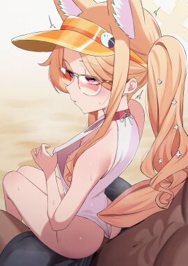 1boy absurdres ahe_gao animal_ears ass blonde_hair blue_archive breasts censored commentary dark-skinned_male dark_skin female fox_ears fox_girl fox_tail glasses halo highres interracial long_hair male mosaic_censoring nipples official_alternate_costume one-piece_swimsuit orange-tinted_eyewear pale-skinned_female penis pink_eyes seia_(blue_archive) seia_(swimsuit)_(blue_archive) senapops sex sex_from_behind side_ponytail small_breasts straight sunglasses sweat swimsuit tail tinted_eyewear visor_cap white_one-piece_swimsuit yellow_halo