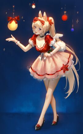 animal_ears bangs blonde_hair blue_background blue_eyes bow bracelet breasts christmas cleavage dress female frills full_body hairbow high_heels jewelry long_hair looking_at_viewer medium_breasts open_mouth ponytail puffy_short_sleeves puffy_sleeves red_bow ribbon shoes short_sleeves smile solo standing very_long_hair virtual_youtuber vyugen wrist_cuffs yenko
