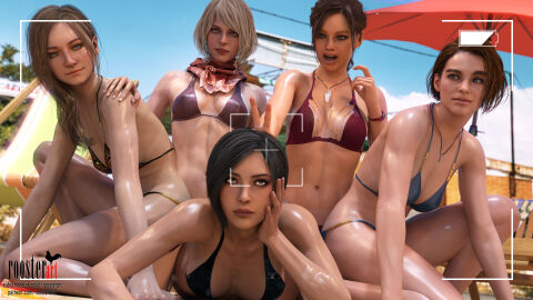 16:9 3d 3d_(artwork) 4k 5girls ada_wong ashley_graham ashley_graham_(ella_freya) back beach beach_umbrella belly belly_button big_breasts bikini bikini_bottom bikini_top black_hair blonde_hair blue_sky breasts brown_hair capcom claire_redfield claire_redfield_(jordan_mcewen) dark_hair female jill_valentine jill_valentine_(sasha_zotova) long_hair looking_at_another looking_at_viewer medium_breasts medium_hair mia_winters multiple_females multiple_girls necklace nsfw_version_available open_eyes open_mouth panties patreon patreon_username resident_evil resident_evil_2 resident_evil_2_remake resident_evil_3 resident_evil_3_remake resident_evil_4 resident_evil_8:_village roosterart scarf shoulders small_breasts subscribestar subscribestar_username sweat sweating sweaty_body taking_picture tan-skinned_female tan_body tan_skin tanline vacation video_game video_game_character video_game_franchise viewfinder wet