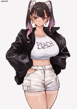 1girls aosora big_breasts black_hair black_jacket breasts earrings female gradient_hair hair_ties jacket multicolored_hair original original_character pink_eyes shorts tan_lines text white_shorts