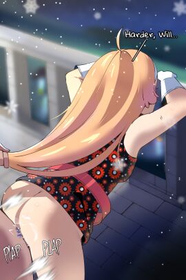 1boy 1girls bent_over bottomless dialogue female from_behind gjh_1 hair_pull junah male metaphor:_refantazio outdoors outside pubic_hair pulling_hair sex will_(metaphor:_refantazio)