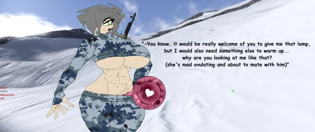 1boy 1girls 3d_background army_girl army_uniform asking_viewer big_breasts breasts dirty_talk english_text female green_eyes green_hair gun imminent_impregnation large_breasts large_thighs male microphone muscular muscular_female oc original_character ovum roblox roblox_background roblox_game scorched_earth traced winter_clothes zaminka97 zzzhodazzz
