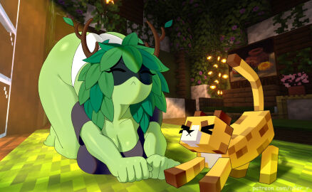 1girls adventure_time ass breasts cartoon_network casual cat_stretch clothing female female_focus female_only green_body green_eyes green_hair green_skin huntress_wizard idler_r leaf leaves leaves_in_hair minecraft nonsexual tagme thighs