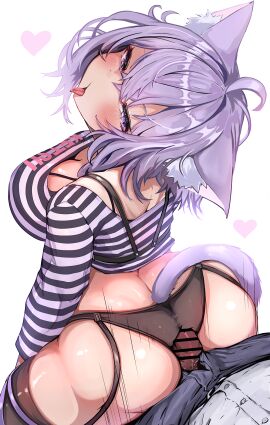 1boy 1girls ahoge animal_ear_fluff animal_ears ass assjob bar_censor big_ass big_breasts black_panties black_thighhighs blush breasts buttjob buttjob_over_clothes cat_ears cat_girl cat_tail censored cleavage female from_above garter_straps half-closed_eyes head_tilt heart highres hololive hololive_gamers hololive_japan kajimakoto large_breasts long_sleeves looking_at_viewer looking_back male nekomata_okayu open_mouth panties penis pov pov_male purple_eyes purple_hair shirt simple_background smile solo_focus standing straight striped_clothes striped_shirt tail thighhighs tongue tongue_out underwear virtual_youtuber white_background
