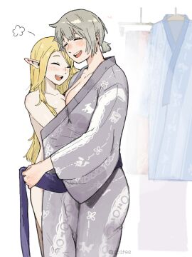 2girls arms_around_partner artist_name big_breasts blonde blonde_hair blush breast_press breast_size_difference breasts cleavage closed_eyes clothed_female_nude_female co1fee color completely_nude delicious_in_dungeon dungeon_meshi elf_ears elf_female embrace falin falin_touden falin_touden_(tallman) fanon_couple female flushed_face half-elf half_elf happy happy_female height_difference highres human humanoid interspecies interspecies_yuri intimacy intimate large_breasts lighting long_hair love marcille_donato naked_topwear nonsexual nonsexual_nudity nude open_clothes open_robe open_smile partially_clothed pointy_ears pressed_together robe robe_only romantic romantic_couple sandy_blonde_hair sash simple_background small_breasts smile smiling smiling_at_each_other smiling_at_partner standing symmetrical_docking tall tall_female tallman tied_hair tying undressing very_long_hair watermark white_background wholesome wholesome_nudity yukata yuri