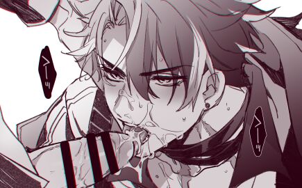 1boy 2boys absurdres bandaged_neck bandages black_hair blush close-up cum ear_piercing facial fellatio from_side genshin_impact greyscale hand_on_another's_head highres licking licking_penis looking_up male male_focus monochrome multiple_boys multiple_males neuvillette_(genshin_impact) open_mouth oral penis piercing scar toriyoshi wriothesley_(genshin_impact) yaoi