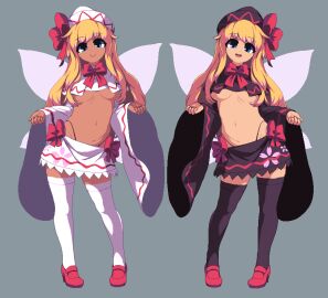 2d_(artwork) 2girls average_breasts blonde_hair blue_eyes breasts fairy fairy_wings female full_body hat lily_black lily_white namako_(takorin) no_sex pixel_art ribbon semi_clothed shoes skirt standing takorin thighhighs tights touhou underboob wings