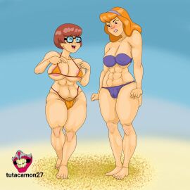 2girls abs beach beach_background bikini breasts brown_hair curvaceous curvaceous_figure curvaceous_thighs curvy_female curvy_figure curvy_hips daphne_blake defined_muscles feet female glasses multiple_females multiple_girls muscles open_mouth orange_bikini orange_hair purple_bikini pussy scooby-doo shaved_pussy signature skindentation text toes tutacamon27 velma_dinkley voluptuous voluptuous_female