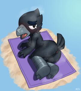 anthro anus avian balls beak bird black_body black_eyes black_feathers blush brawl_stars corvid corvus_(genus) crow crow_(brawl_stars) feathers femboy frown gay genitals half-closed_eyes hi_res looking_at_viewer lying male narrowed_eyes on_side open_mouth oscine passerine sand solo steam tail tongue towel yaksicle